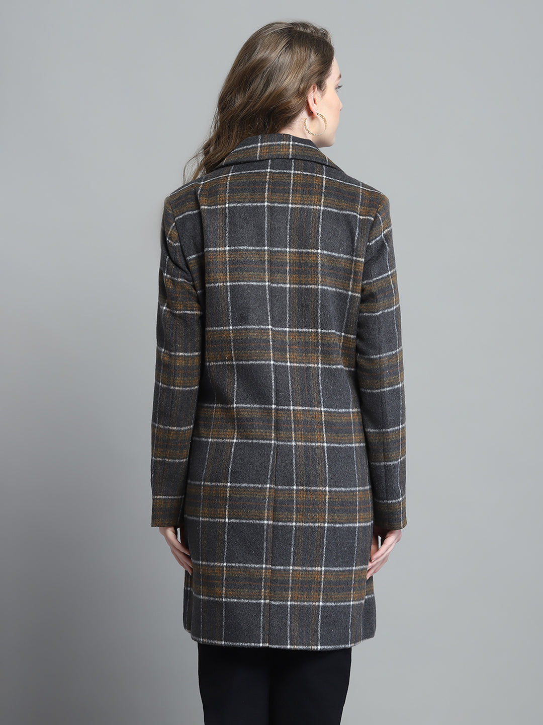 Women Grey Check Notch Lapel Collar Full Sleeve Coat
