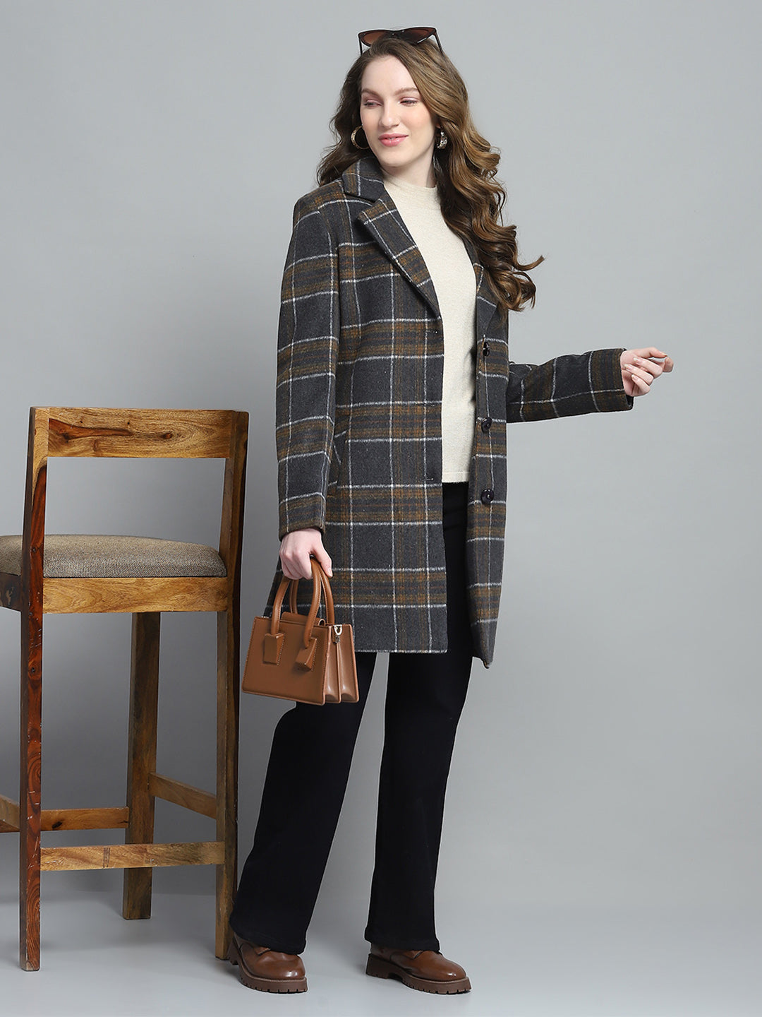 Women Grey Check Notch Lapel Collar Full Sleeve Coat