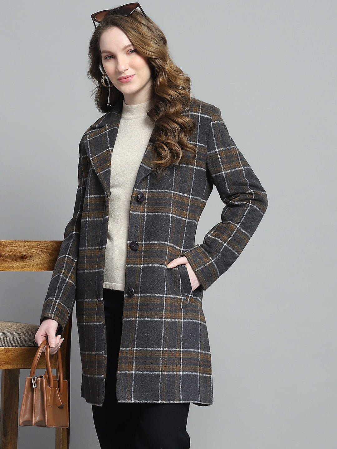 Women Grey Check Notch Lapel Collar Full Sleeve Coat
