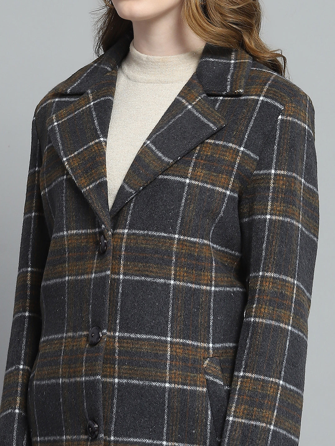 Women Grey Check Notch Lapel Collar Full Sleeve Coat