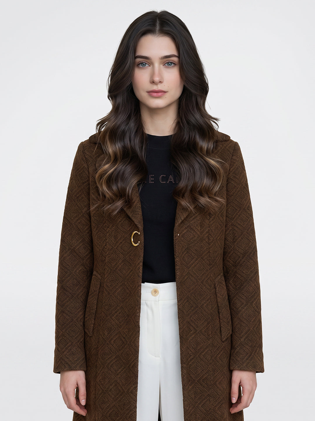 Women Brown Jacquard Lapel Collar Full Sleeve Long Coat
