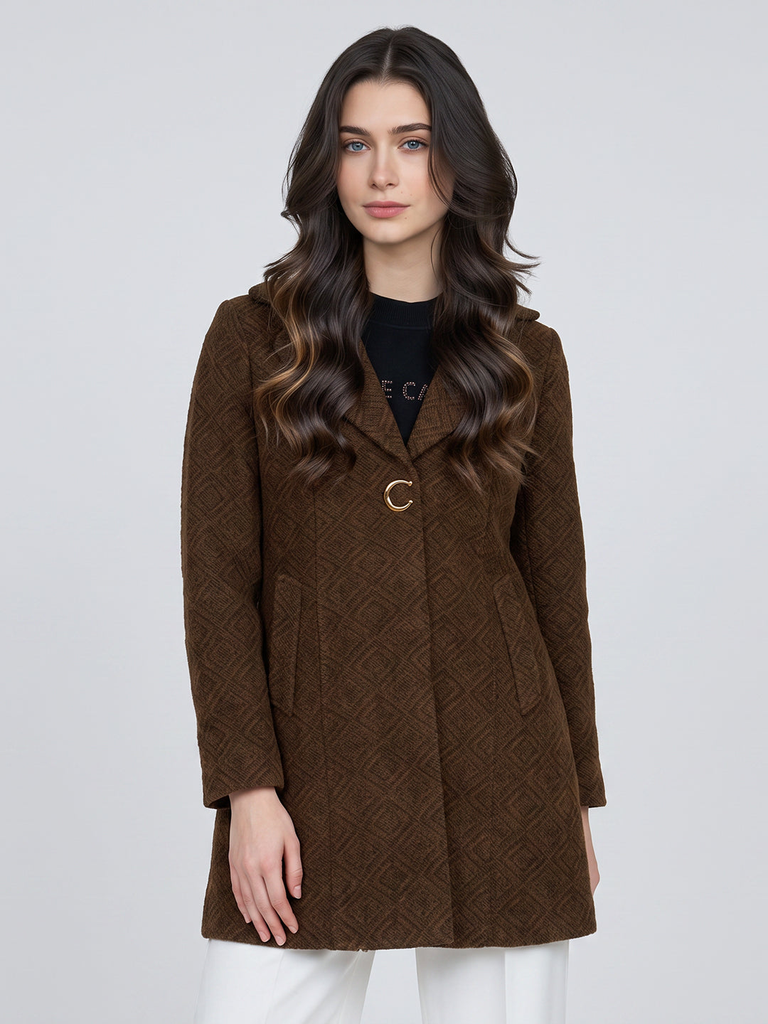 Women Brown Jacquard Lapel Collar Full Sleeve Long Coat
