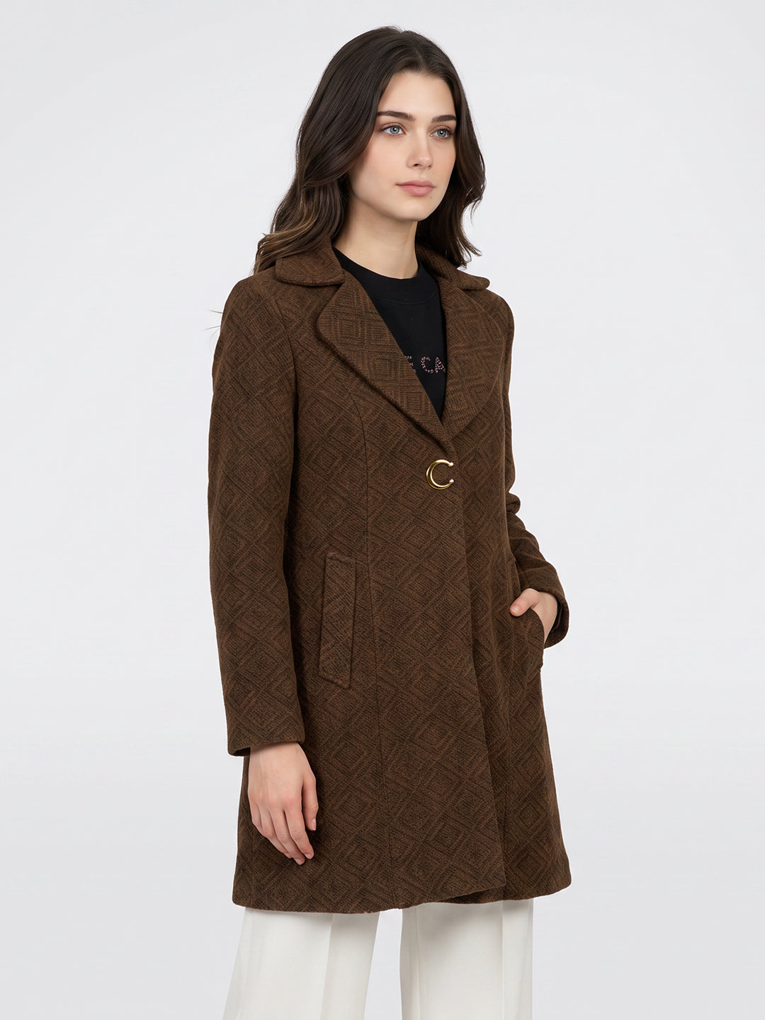 Women Brown Jacquard Lapel Collar Full Sleeve Long Coat