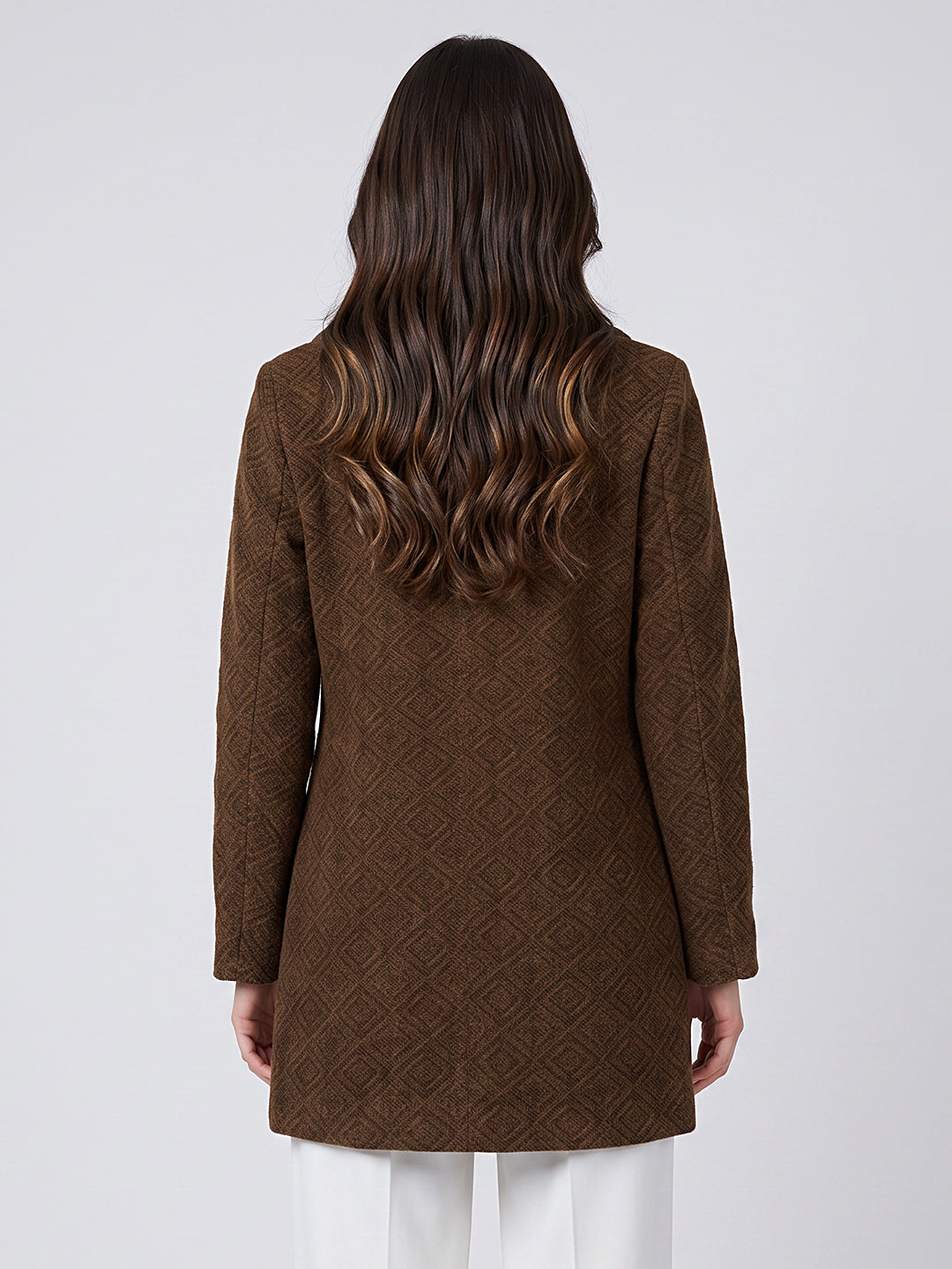 Women Brown Jacquard Lapel Collar Full Sleeve Long Coat