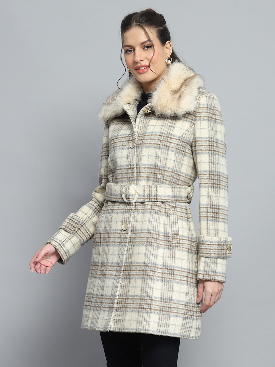 Women Beige Check Collar Full Sleeve Coat