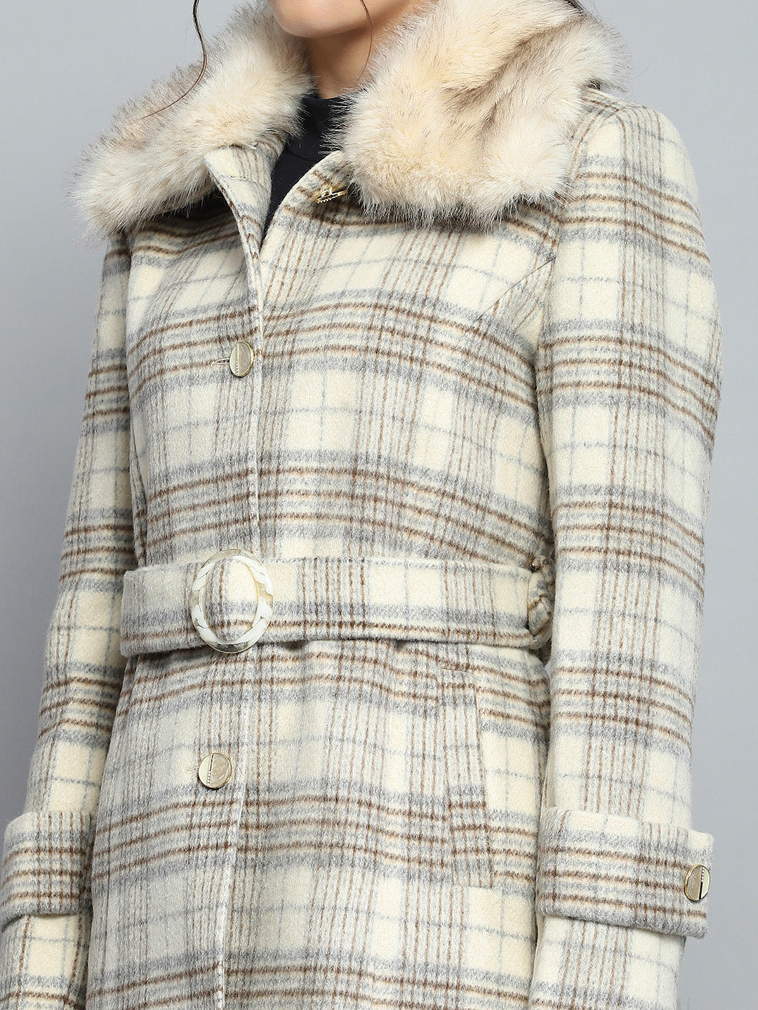 Women Beige Check Collar Full Sleeve Coat