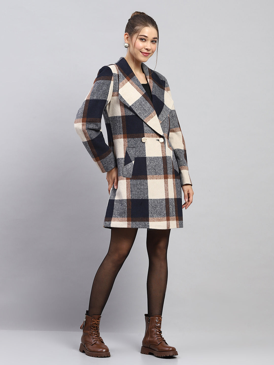 Buy Women Navy Blue Check Notch lapel Collar Full Sleeve Coat