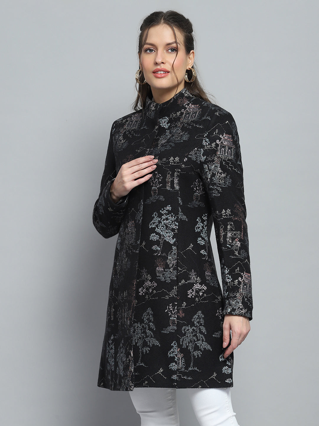 Women Black Self Design Mock Neck Full Sleeve Coat