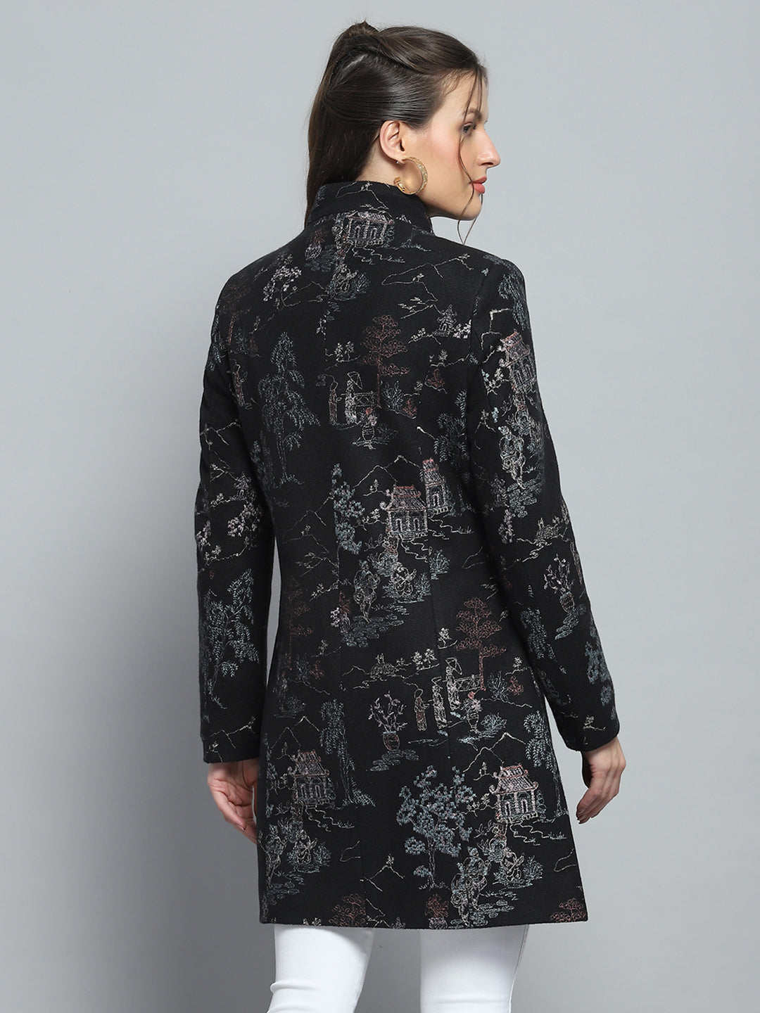 Women Black Self Design Mock Neck Full Sleeve Coat