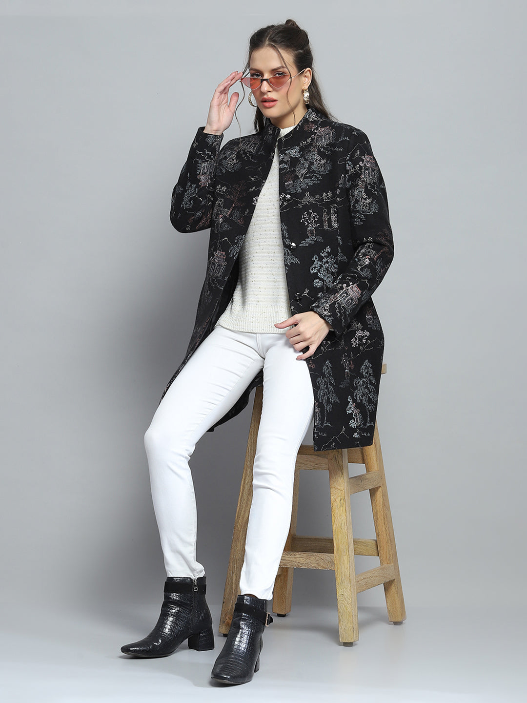 Women Black Self Design Mock Neck Full Sleeve Coat