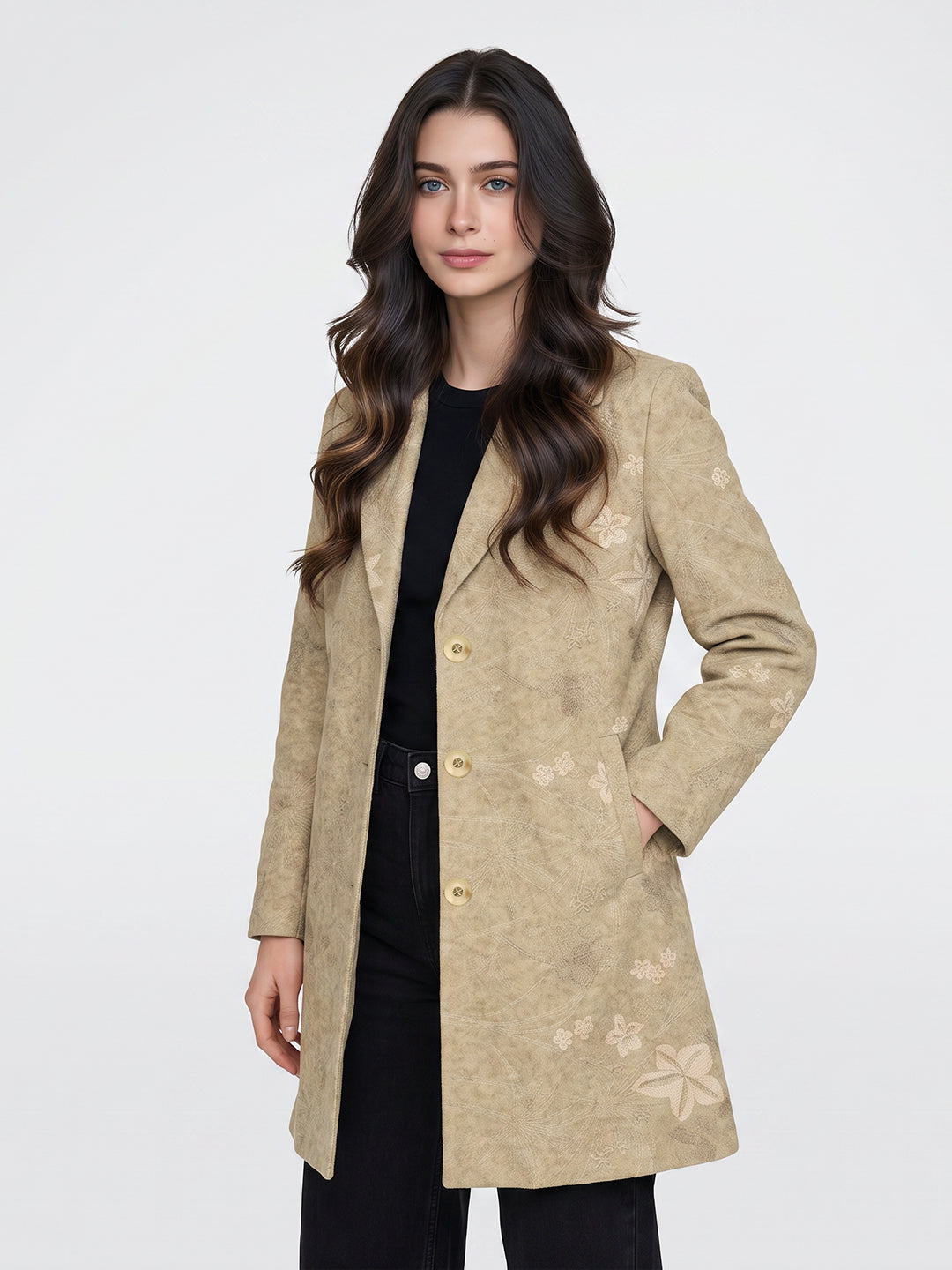 Women Beige Embroidered Collar Full Sleeve Coat