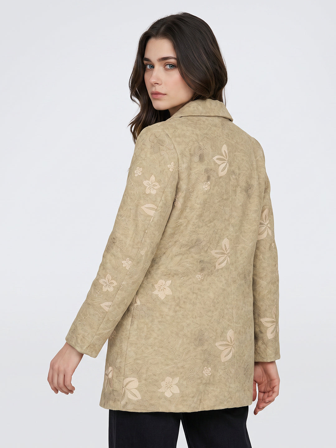 Women Beige Embroidered Collar Full Sleeve Coat