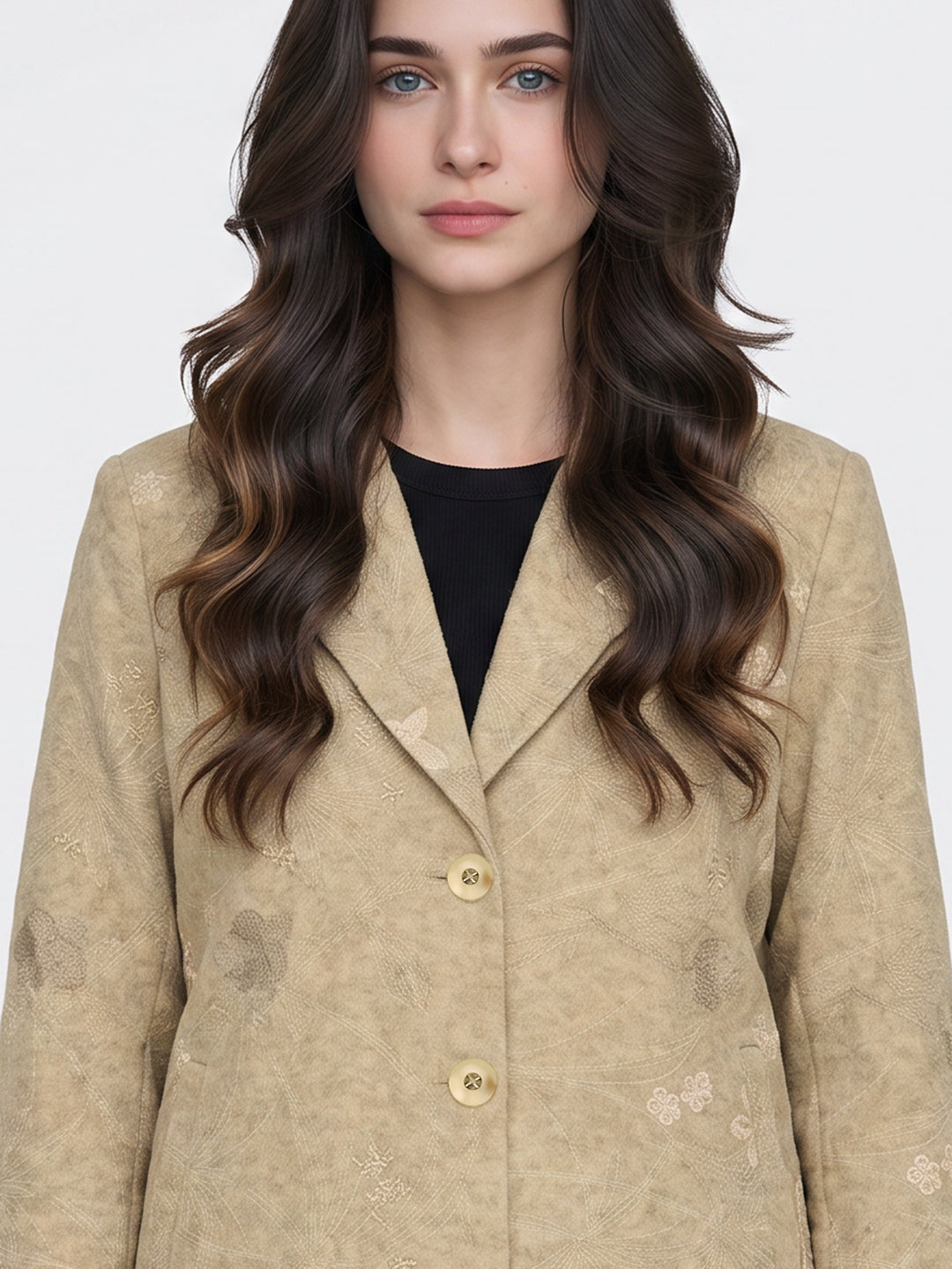 Women Beige Embroidered Collar Full Sleeve Coat