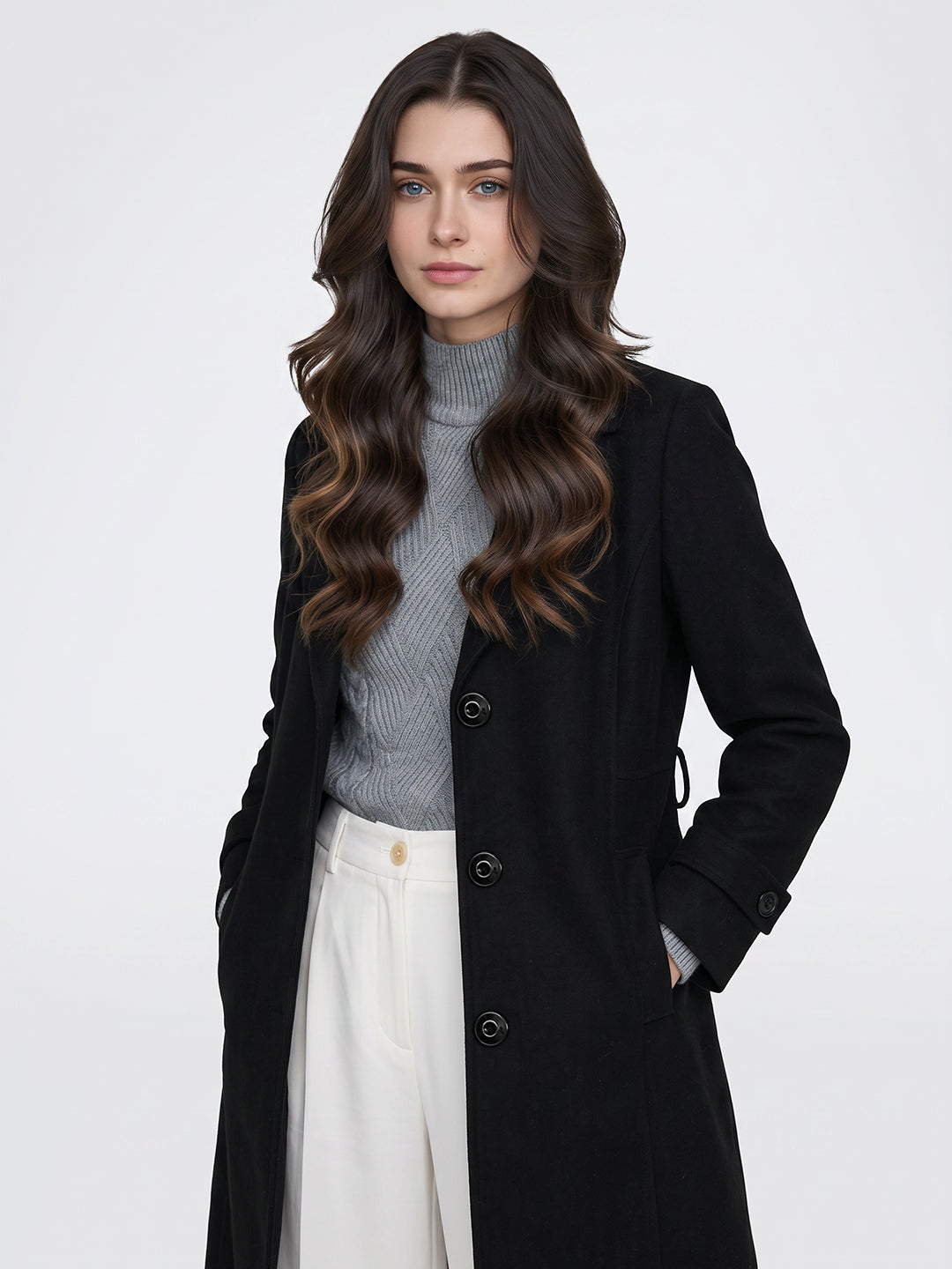 Women Black Solid Lapel Collar Full Sleeve Long Coat