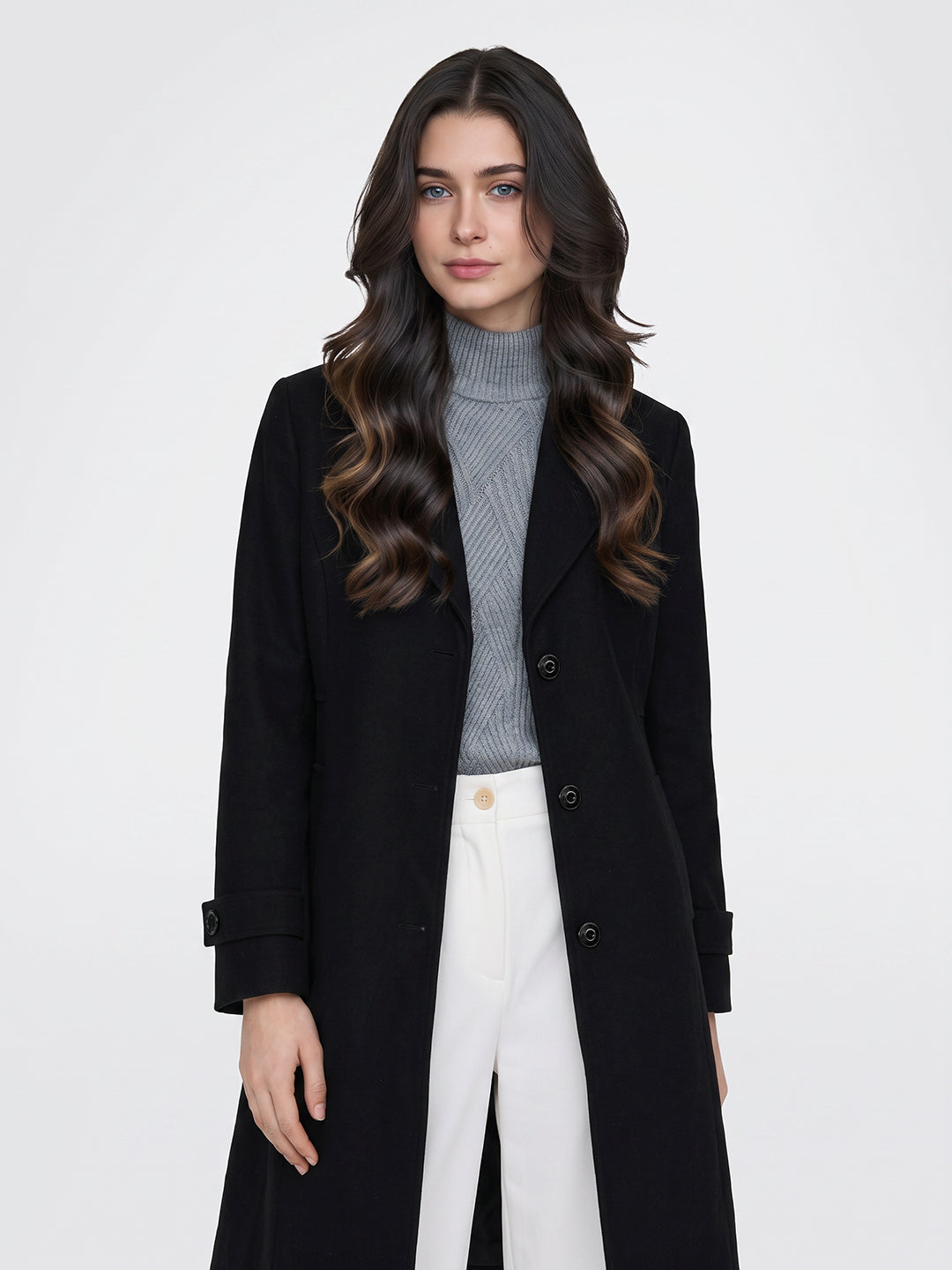Women Black Solid Lapel Collar Full Sleeve Long Coat