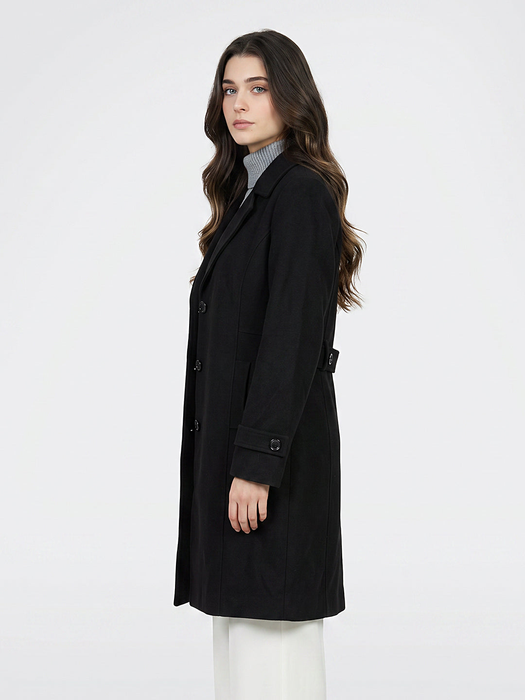 Women Black Solid Lapel Collar Full Sleeve Long Coat