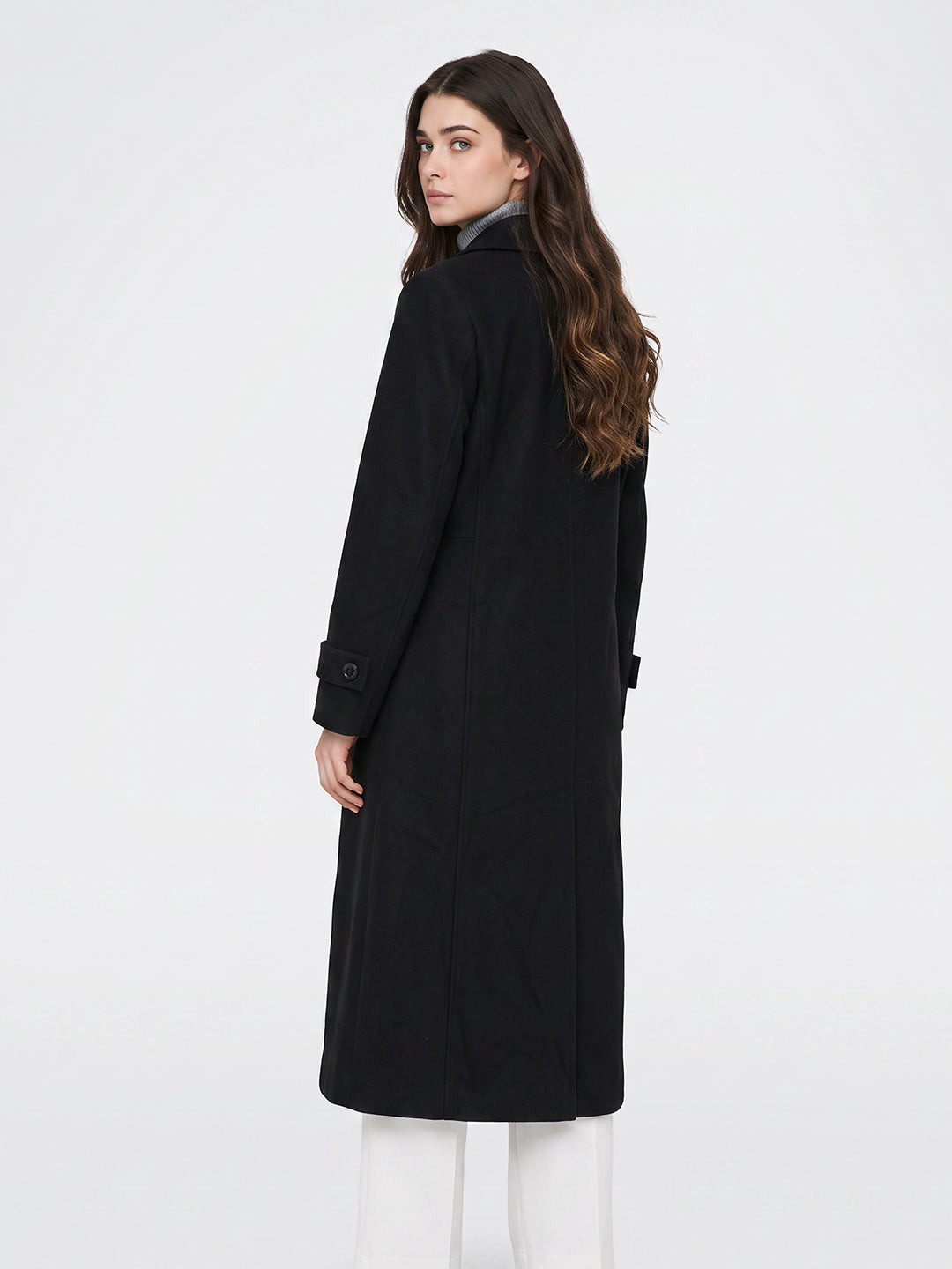Women Black Solid Lapel Collar Full Sleeve Long Coat