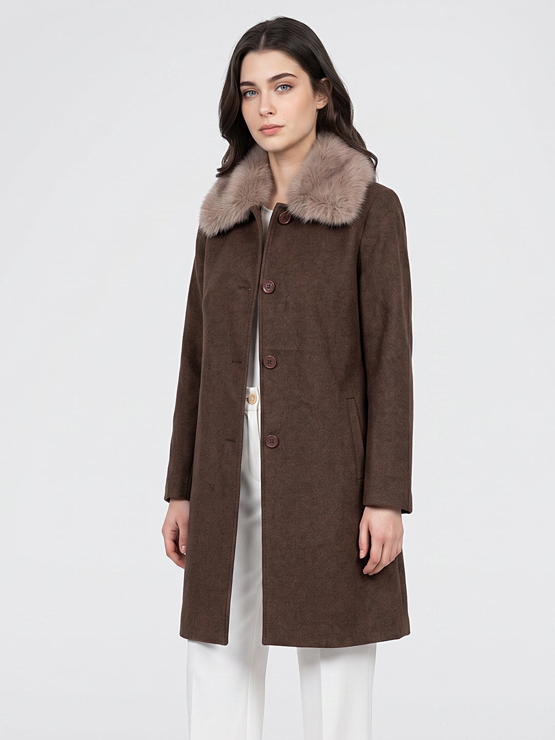 Women Brown Diagonal Collar Full Sleeve Long Coat