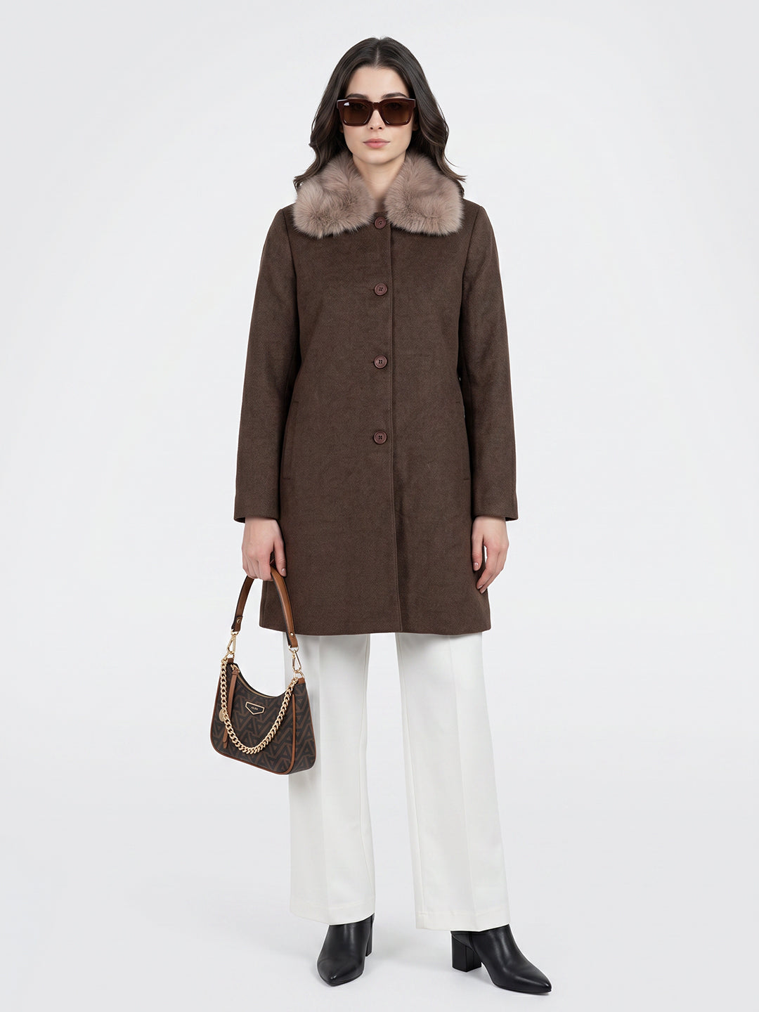 Women Brown Diagonal Collar Full Sleeve Long Coat