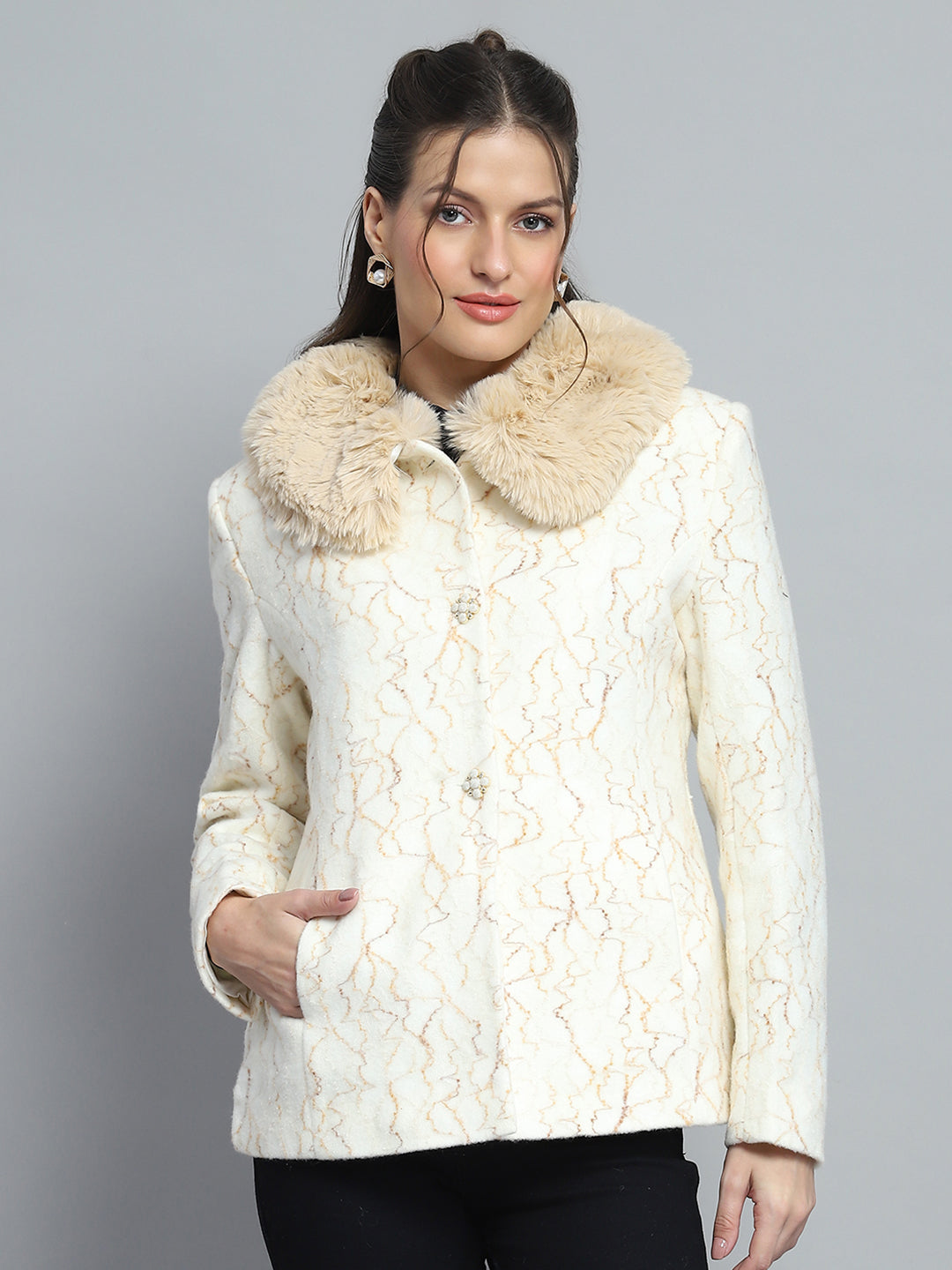 Women Off White Self Design Collar Full Sleeve Coat