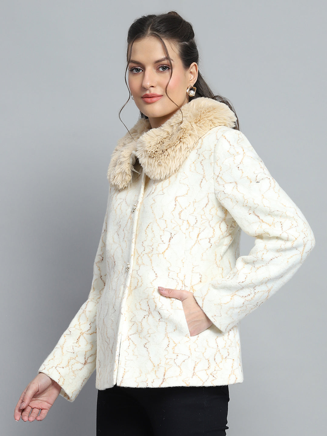 Women Off White Self Design Collar Full Sleeve Coat