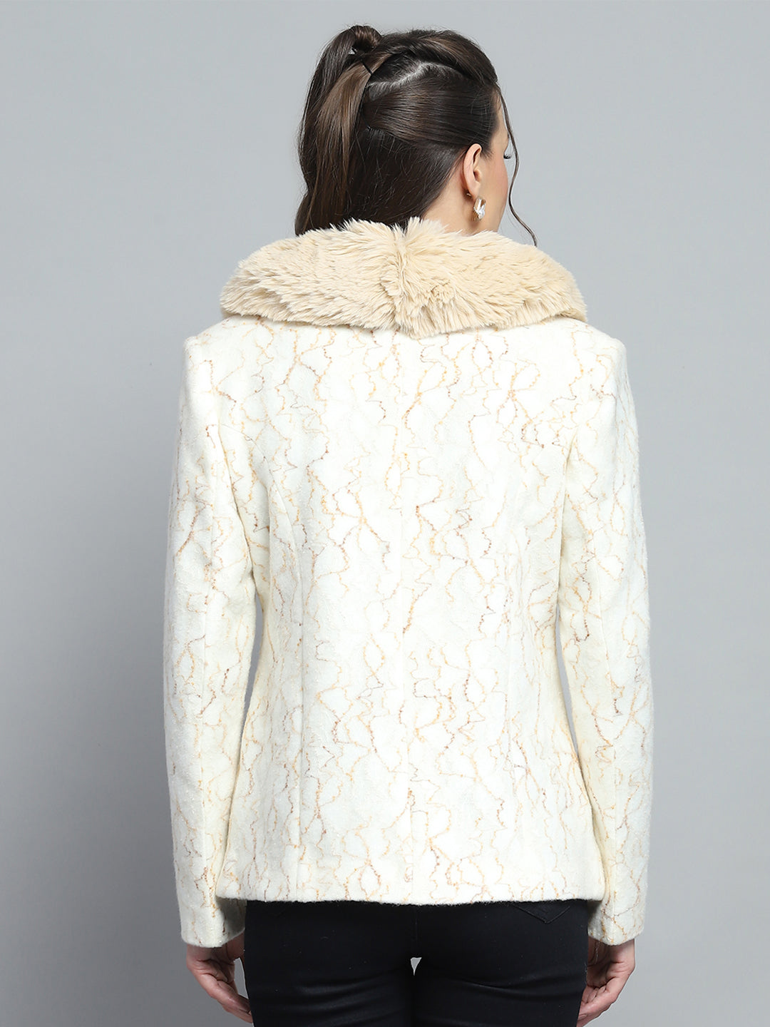 Women Off White Self Design Collar Full Sleeve Coat