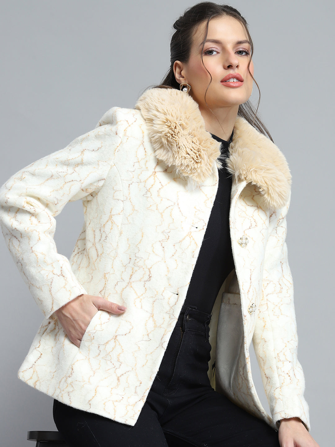 Women Off White Self Design Collar Full Sleeve Coat