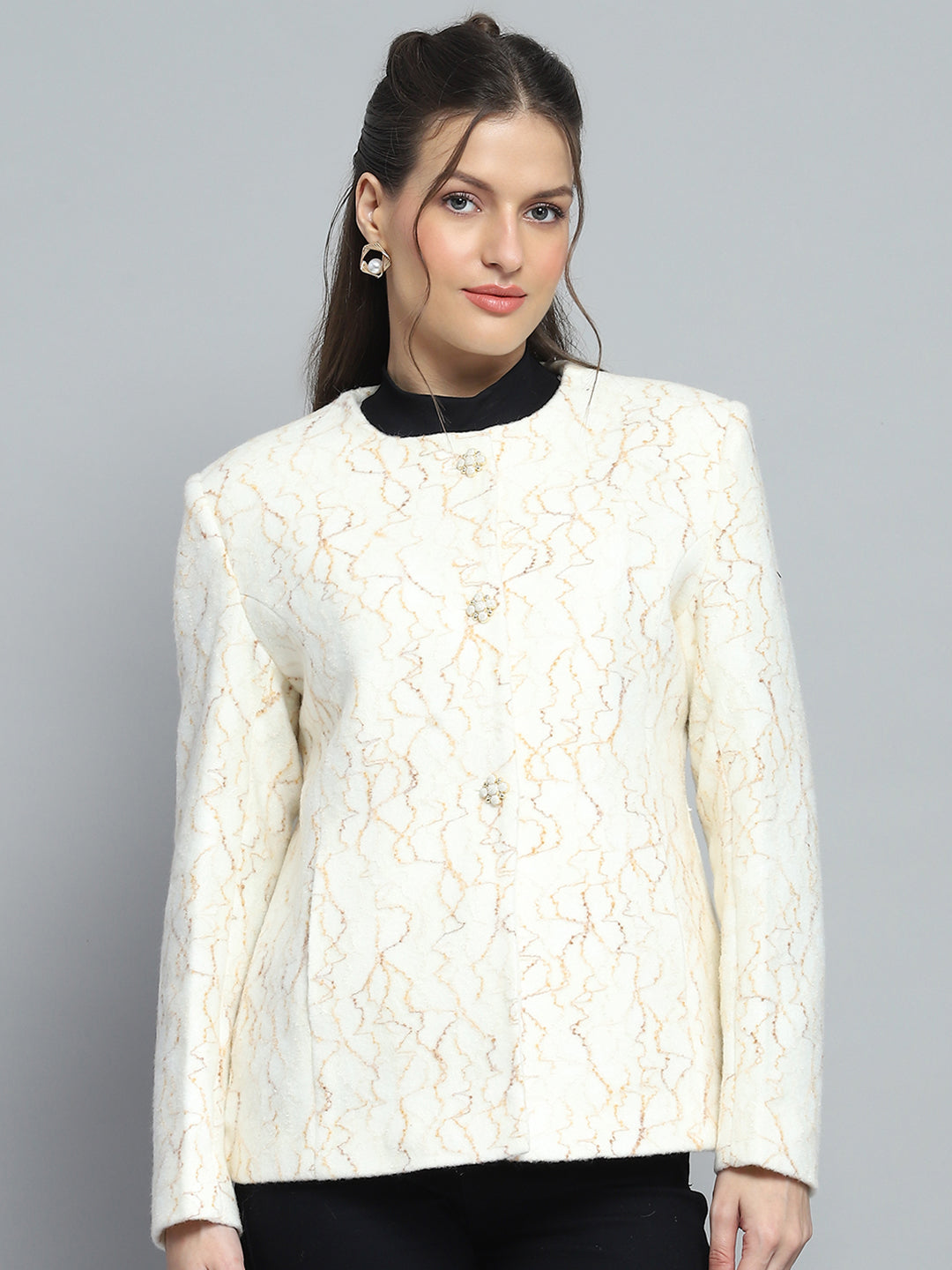 Women Off White Self Design Collar Full Sleeve Coat