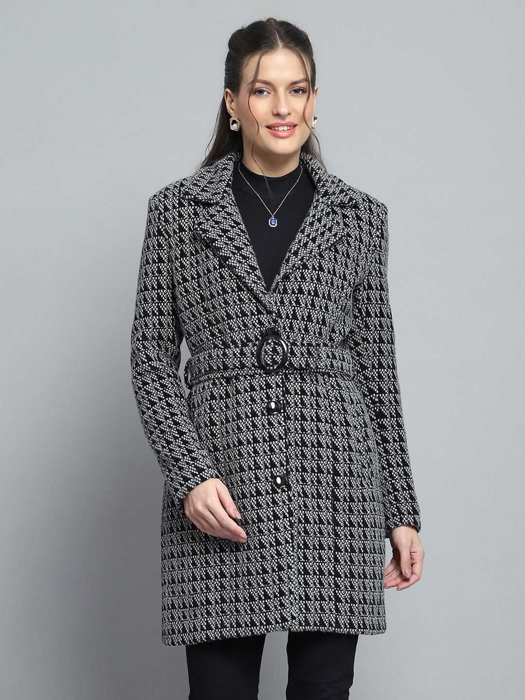 Women Black Self Design Notch Lapel Collar Full Sleeve Coat