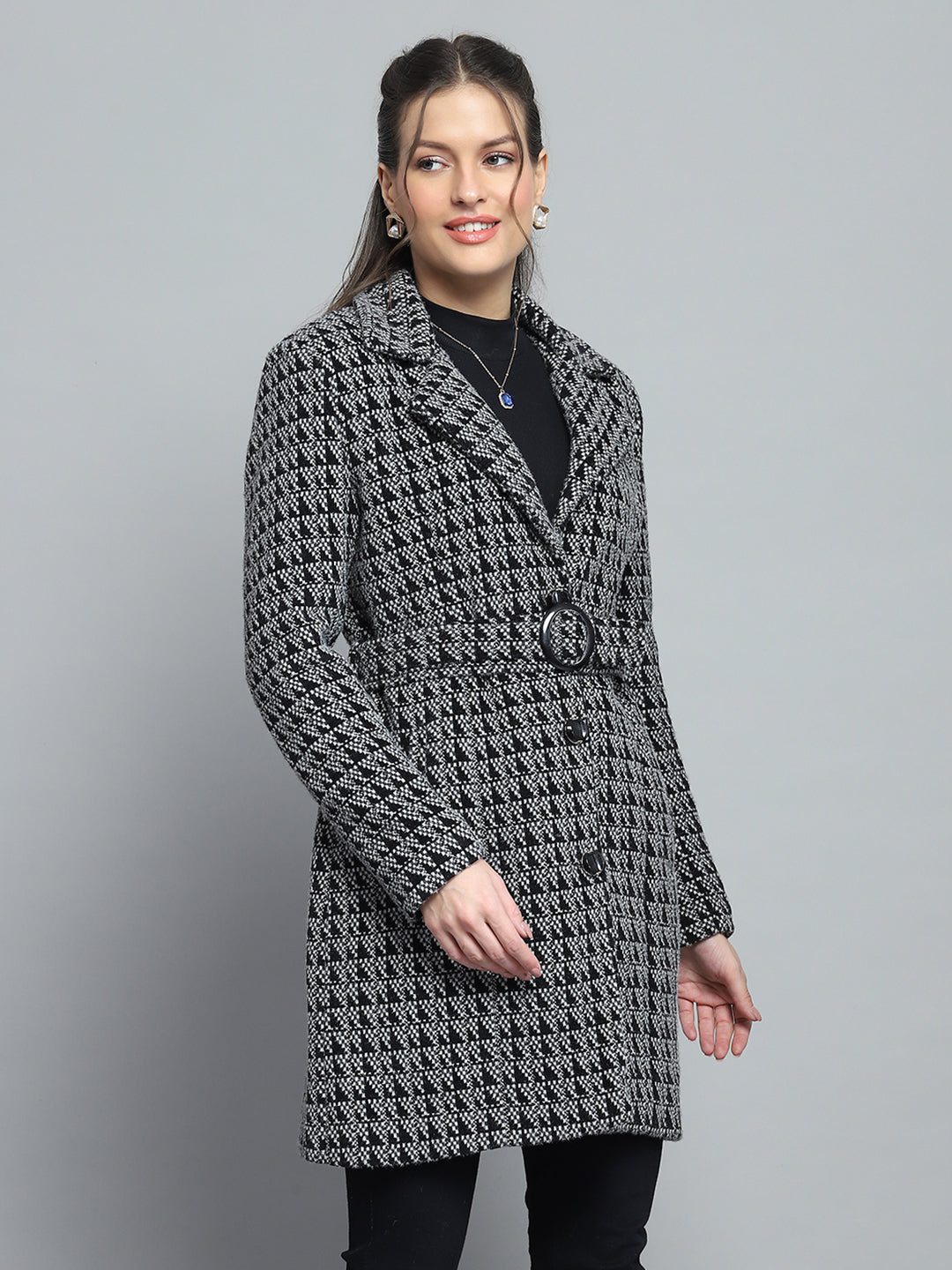 Women Black Self Design Notch Lapel Collar Full Sleeve Coat