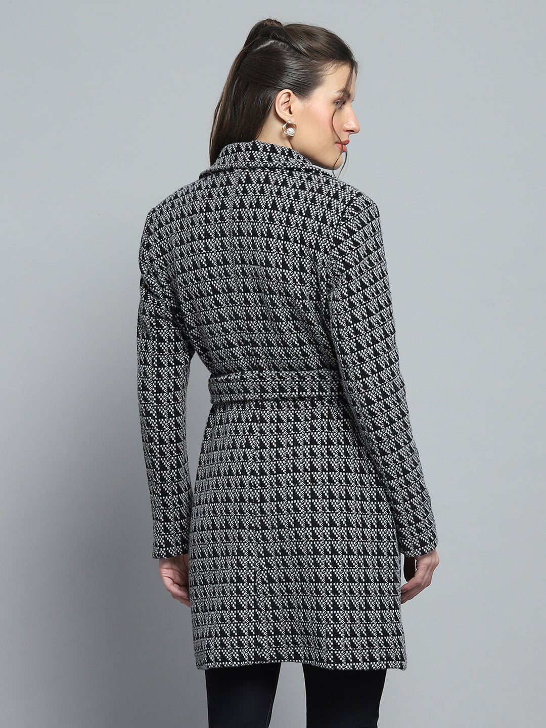 Women Black Self Design Notch Lapel Collar Full Sleeve Coat