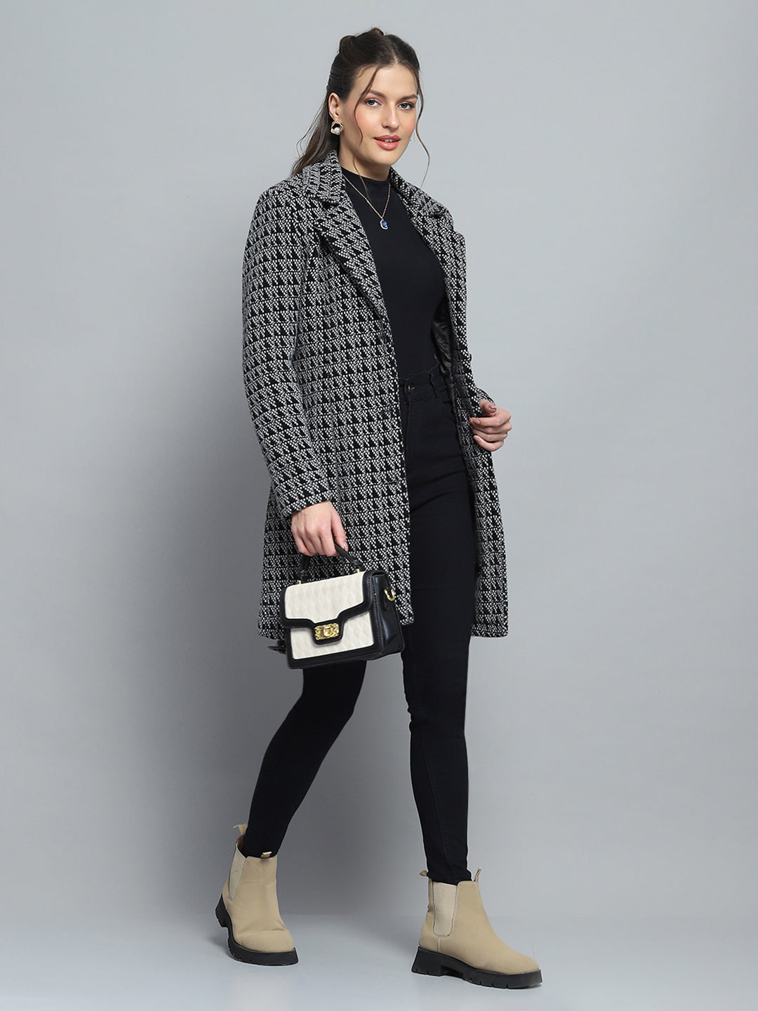 Women Black Self Design Notch Lapel Collar Full Sleeve Coat