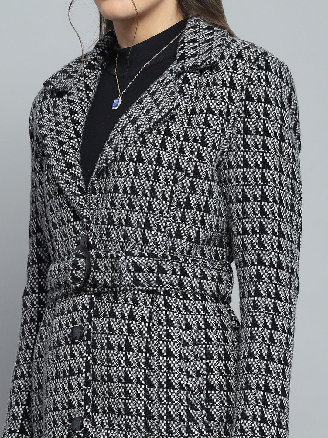 Women Black Self Design Notch Lapel Collar Full Sleeve Coat