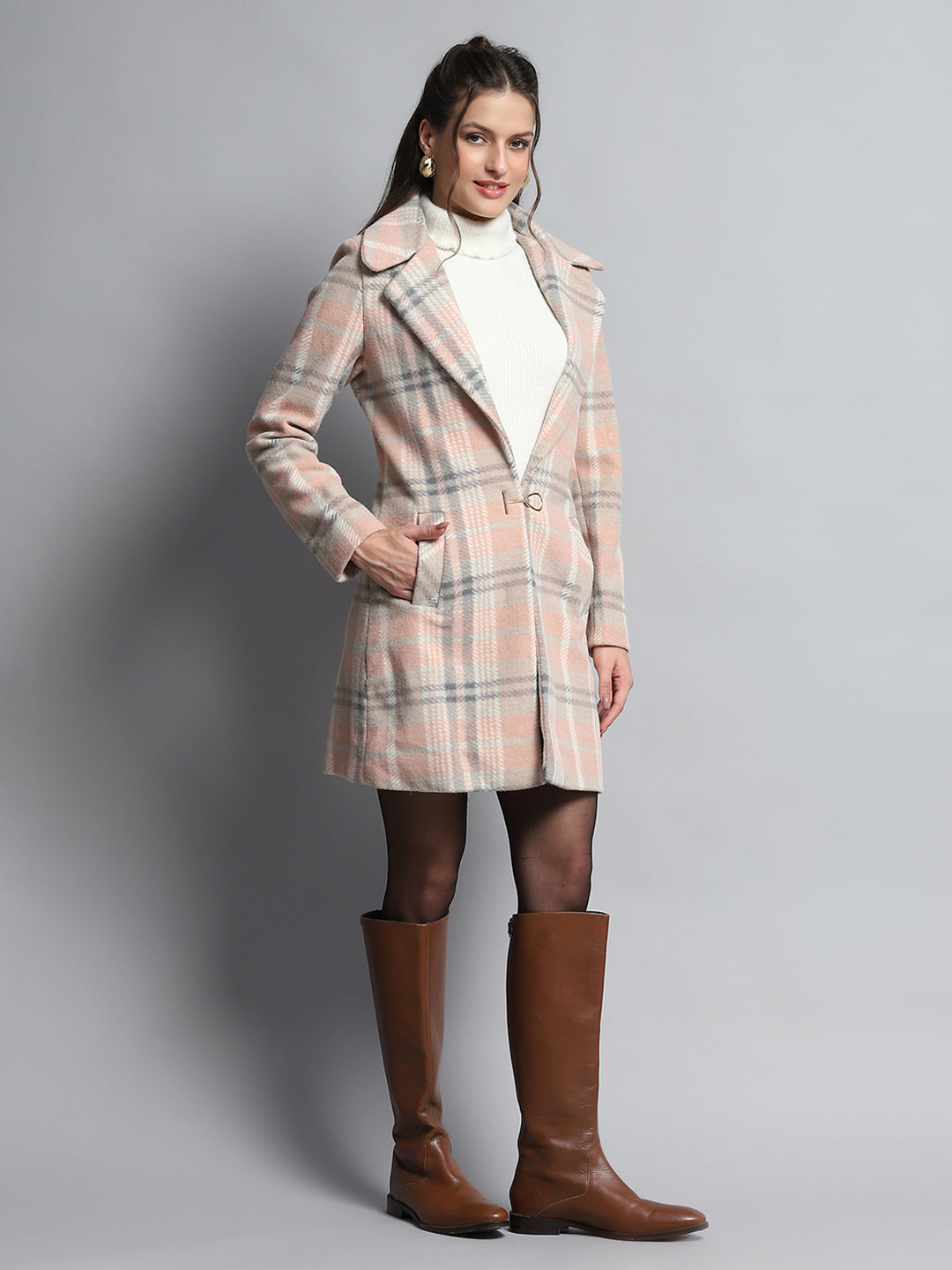 Women Coral Check Notch Lapel Collar Full Sleeve Coat