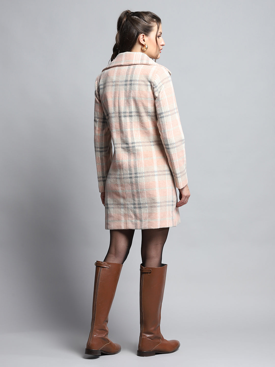 Women Coral Check Notch Lapel Collar Full Sleeve Coat