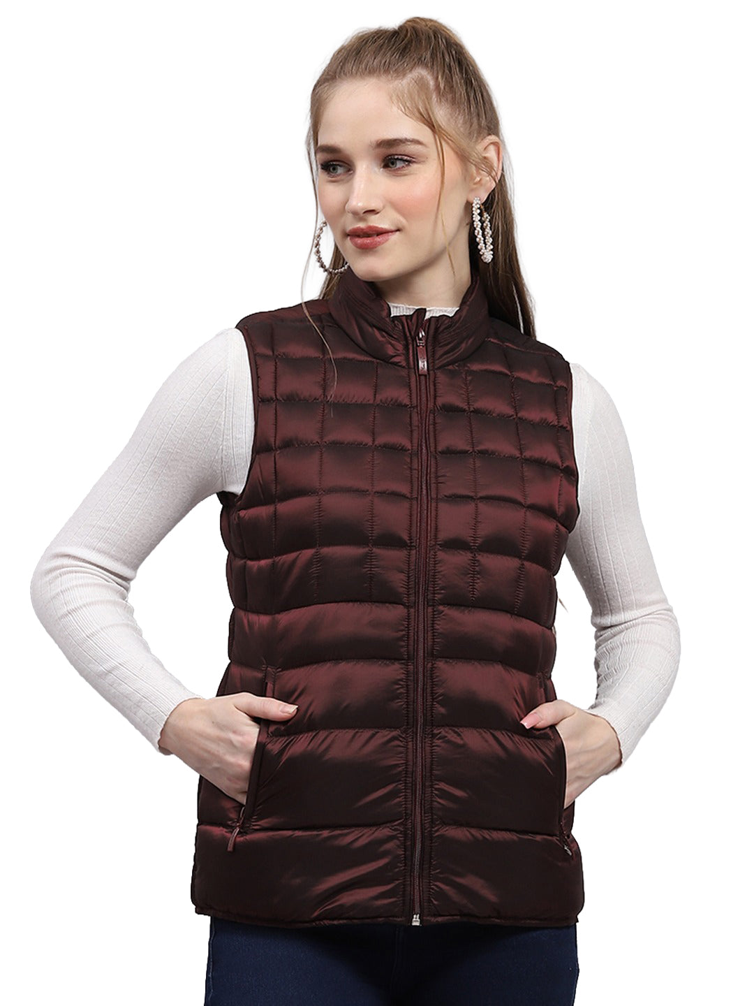 Women Maroon Self Design Collar Sleeveless Puffer Jacket