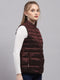 Women Maroon Self Design Collar Sleeveless Puffer Jacket