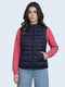 Women Navy Blue Self Design Mock Neck Sleeveless Puffer Jacket