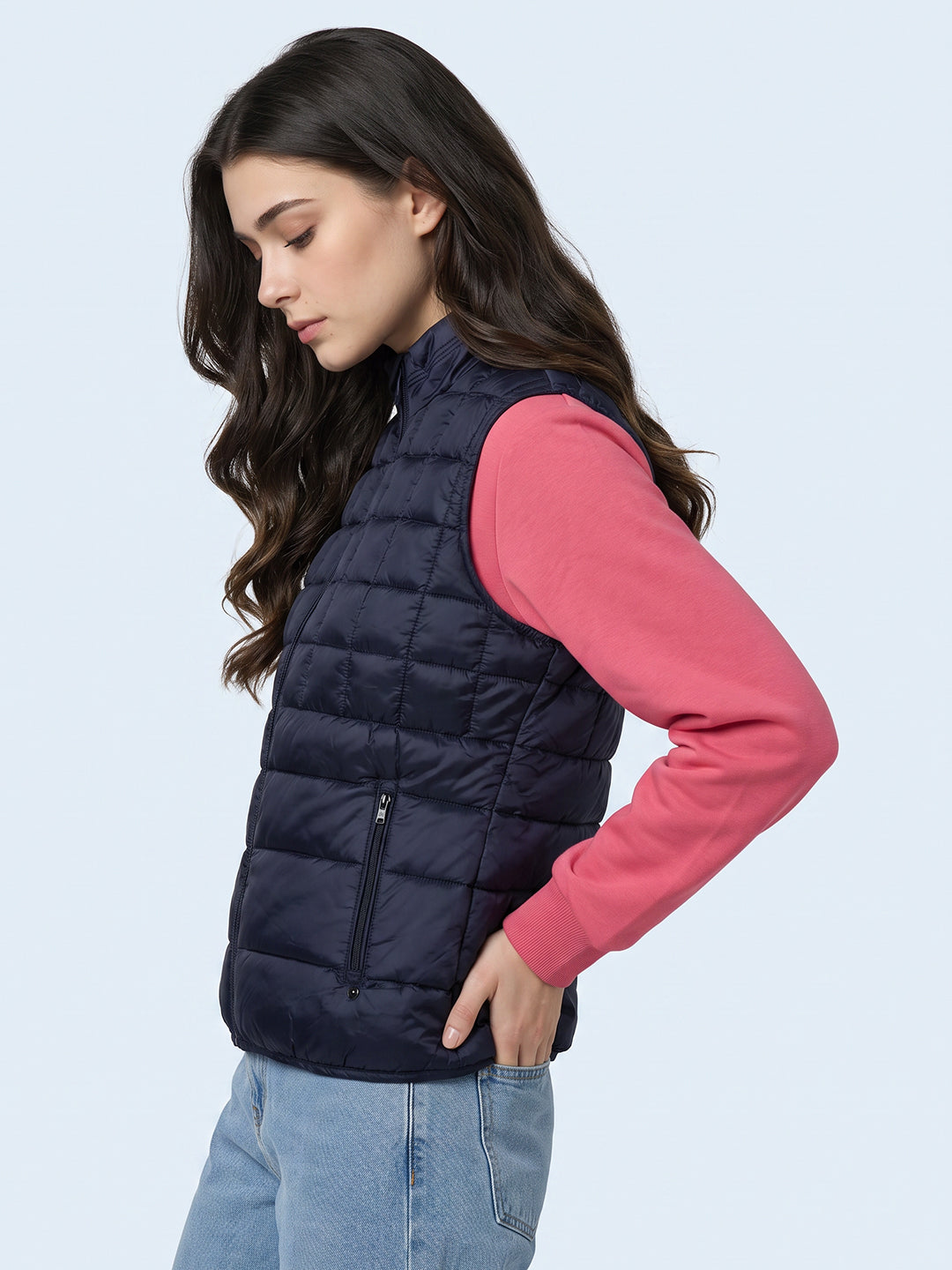 Women Navy Blue Self Design Mock Neck Sleeveless Puffer Jacket