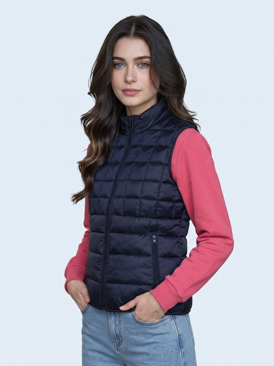 Women Navy Blue Self Design Mock Neck Sleeveless Puffer Jacket