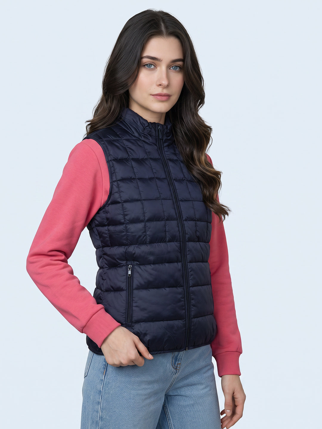 Women Navy Blue Self Design Mock Neck Sleeveless Puffer Jacket
