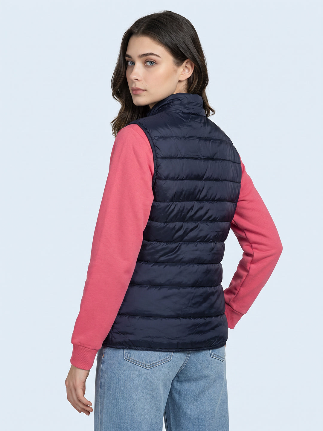 Women Navy Blue Self Design Mock Neck Sleeveless Puffer Jacket