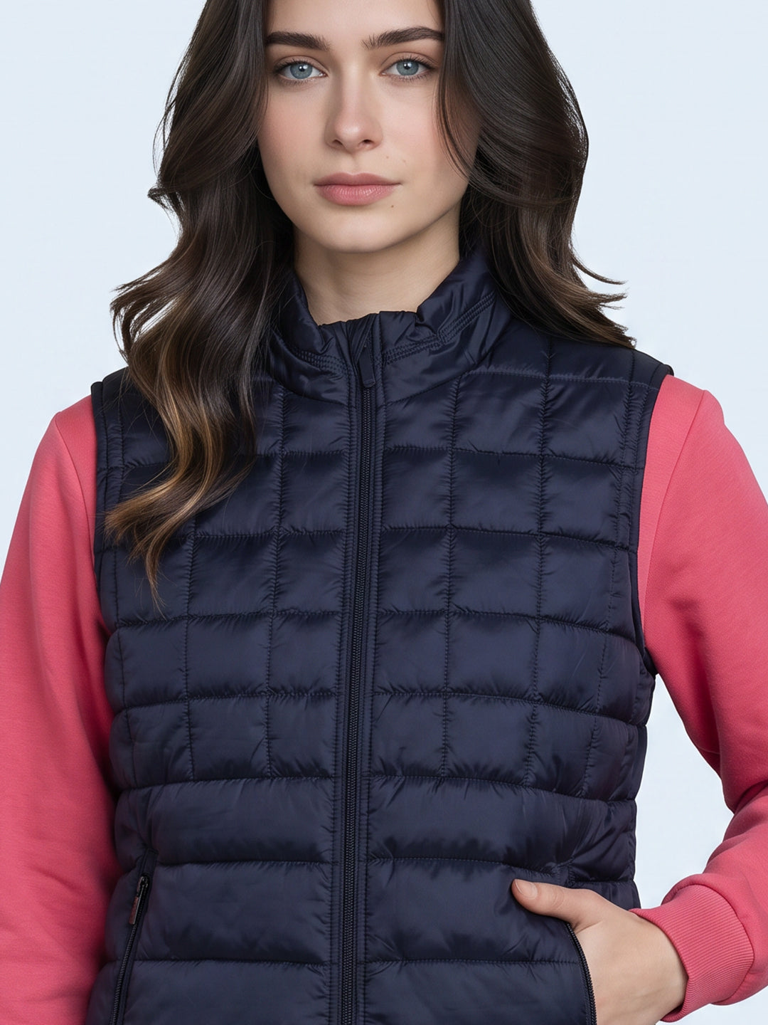 Women Navy Blue Self Design Mock Neck Sleeveless Puffer Jacket