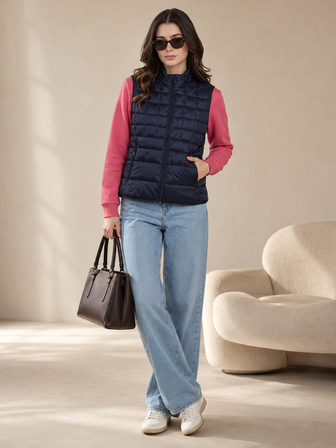Women Navy Blue Self Design Mock Neck Sleeveless Puffer Jacket