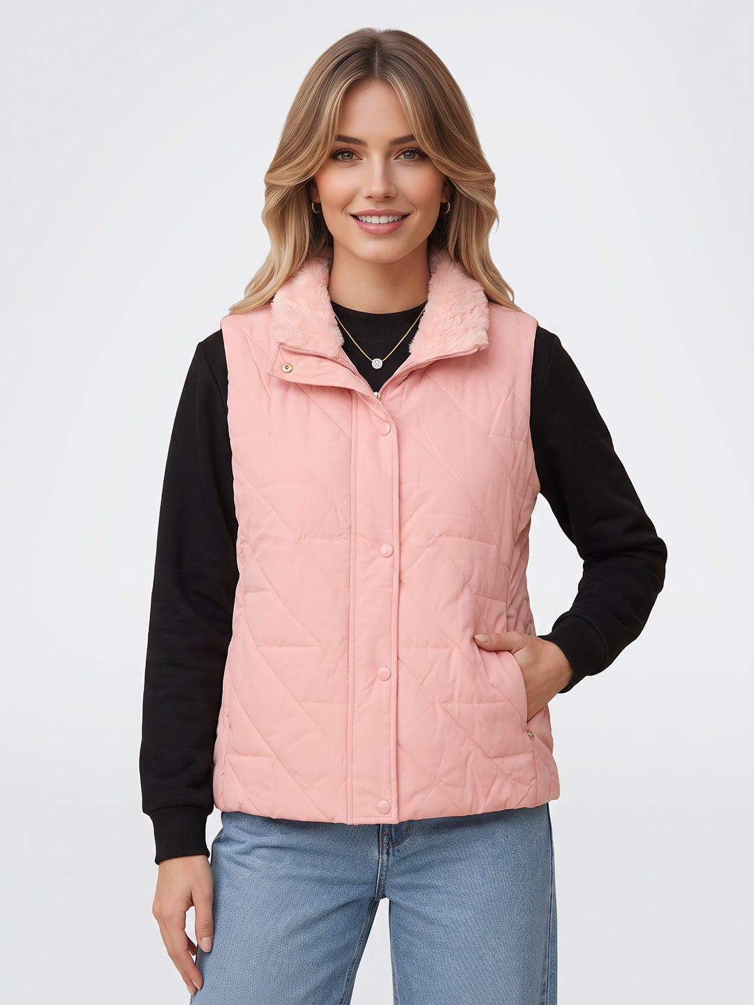 Women Pink Solid Collar Sleeveless Puffer Jacket