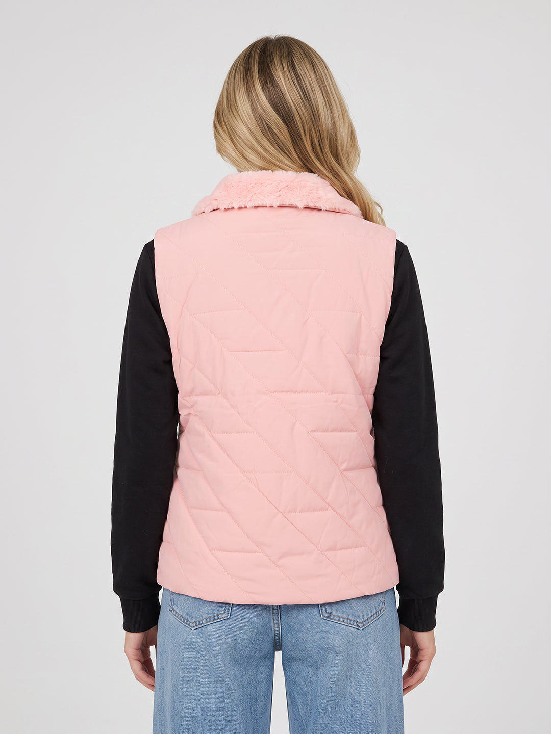 Women Pink Solid Collar Sleeveless Puffer Jacket