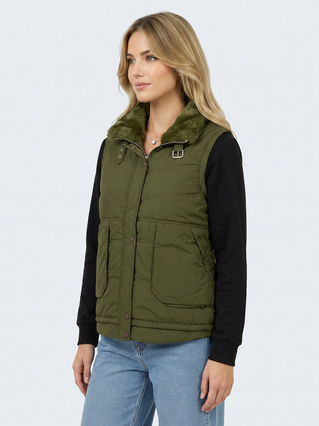 Women Green Solid Collar Sleeveless Puffer Jacket