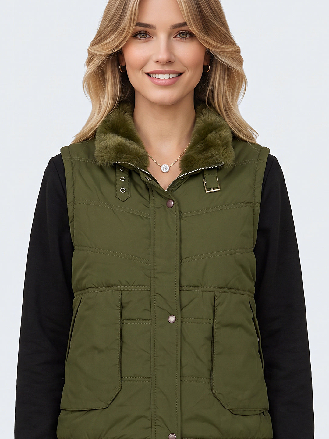 Women Green Solid Collar Sleeveless Puffer Jacket