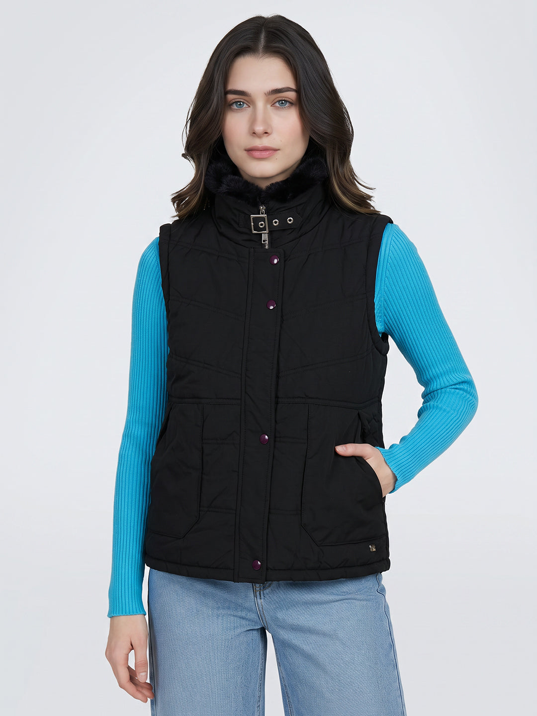 Women Black Solid Collar Sleeveless Puffer Jacket