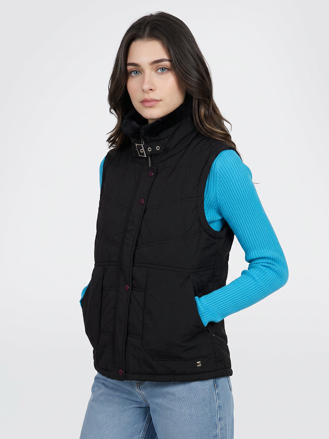 Women Black Solid Collar Sleeveless Puffer Jacket
